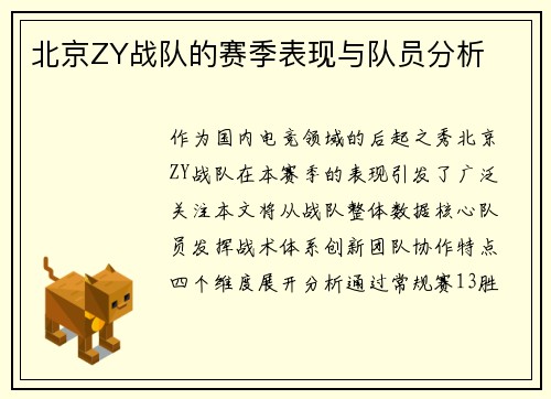 北京ZY战队的赛季表现与队员分析