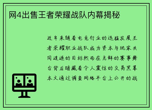 网4出售王者荣耀战队内幕揭秘