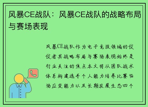风暴CE战队：风暴CE战队的战略布局与赛场表现
