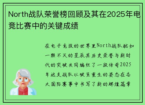 North战队荣誉榜回顾及其在2025年电竞比赛中的关键成绩